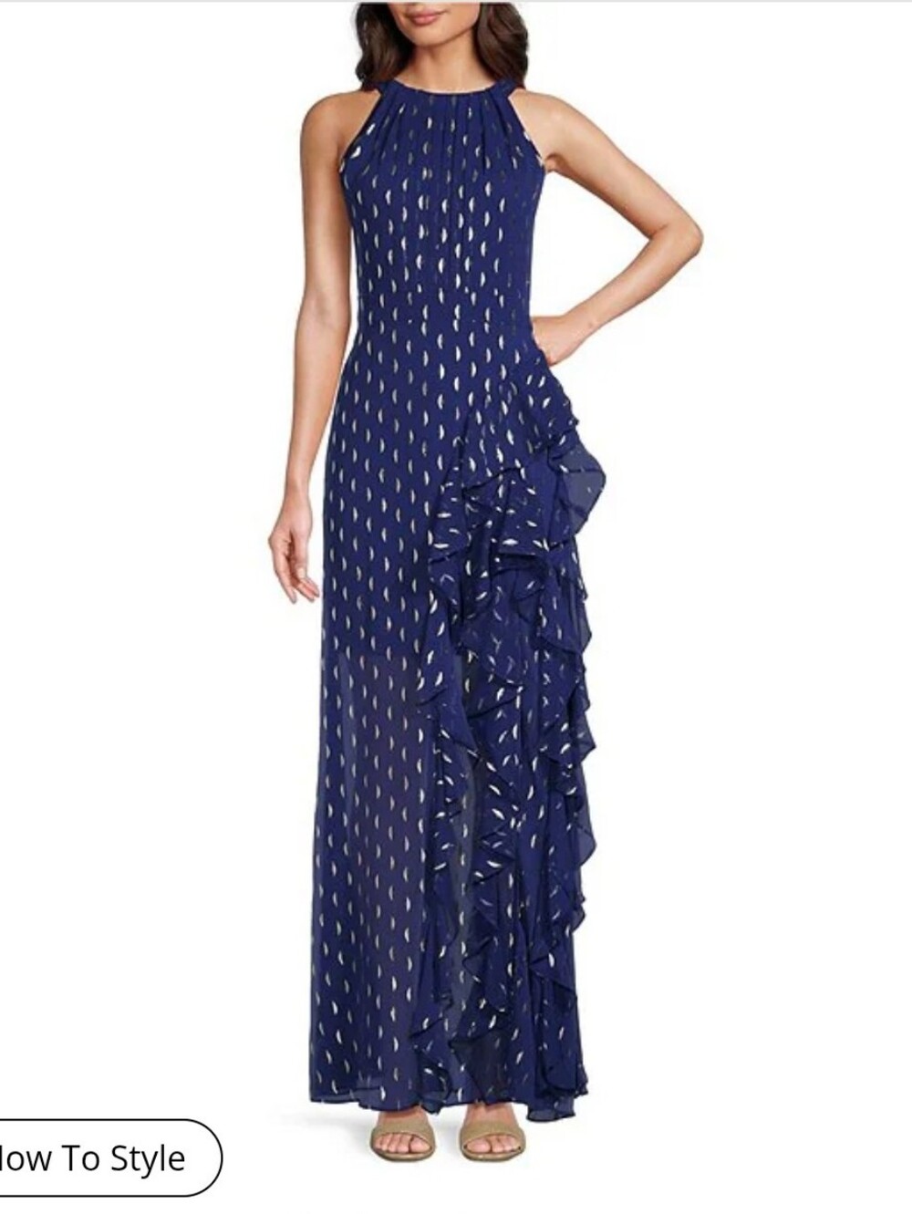Betsey & Adam Metallic Front Ruffle Slit Halter Neck Sleeveless Gown